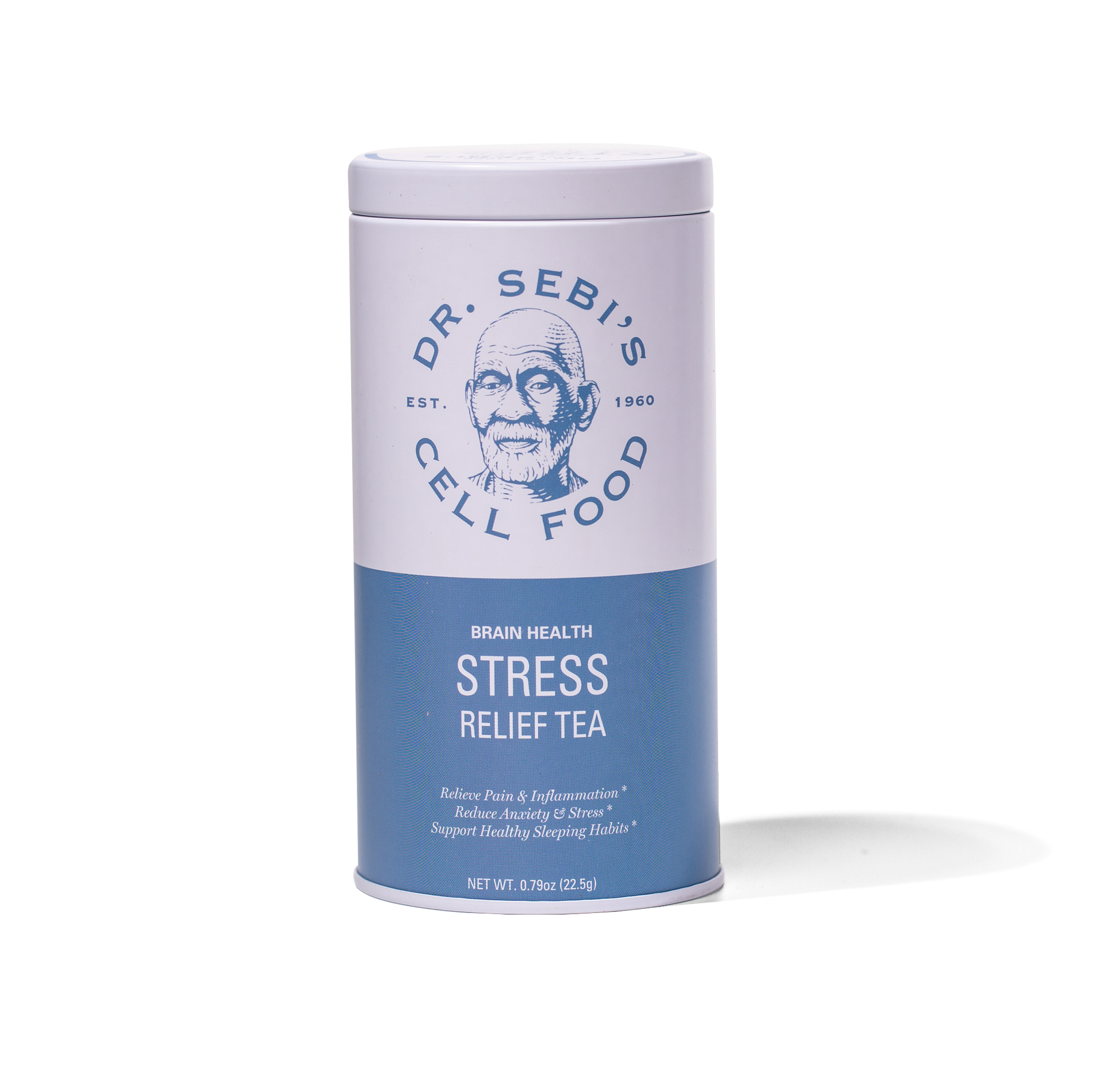 Stress Relief Tea half white & blue tea in can, tea to help you sleep